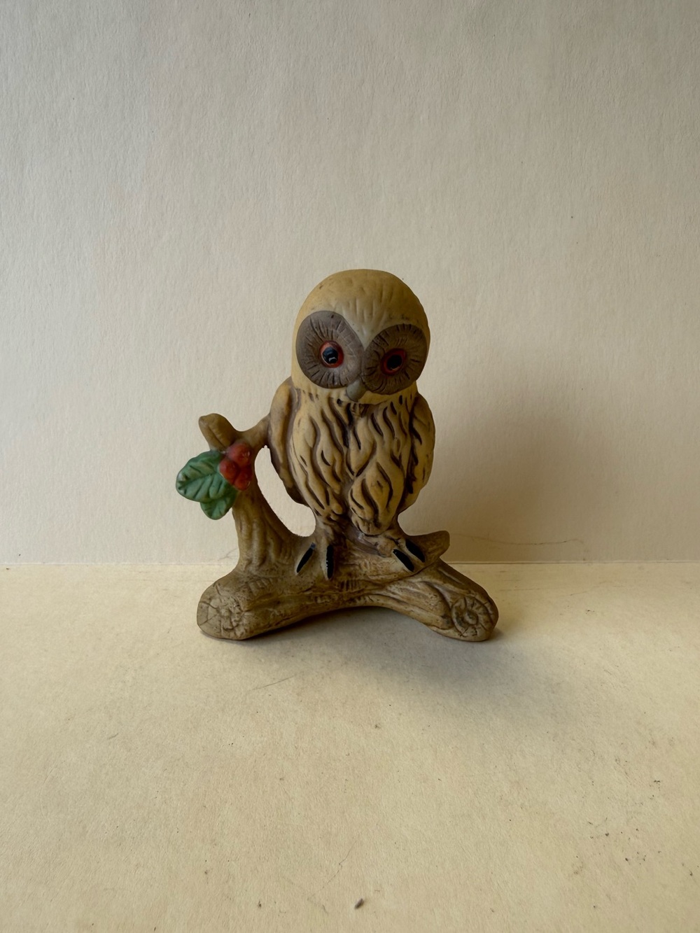 Vintage MCM Hand Painted Bisque Porcelain Horned Owl on Branch Figurine.